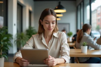 Femme utilisant une tablette dans un espace de coworking moderne en 2026, illustrant les nouvelles tendances numériques et usages professionnels