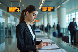 Femme en costume remplissant une declaration en aeroport