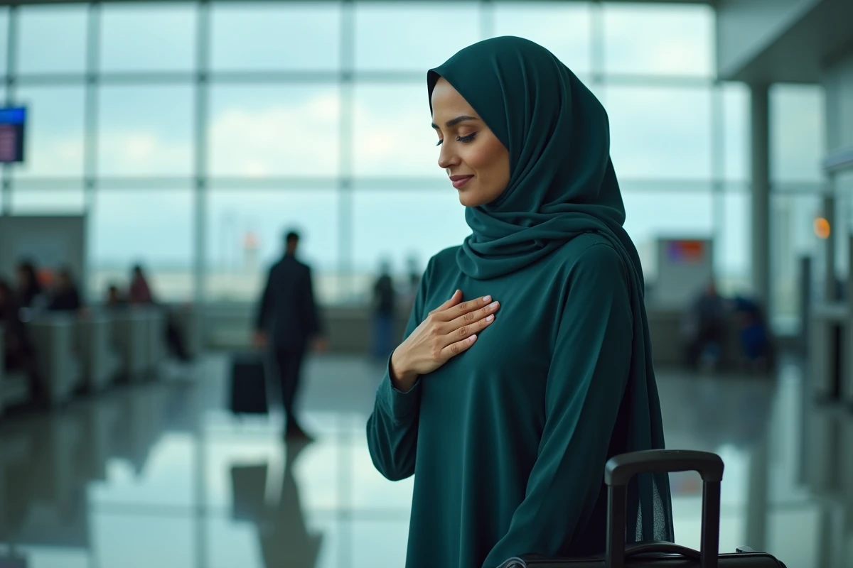 Femme musulmane en hijab récitant une prière de voyage dans un aéroport avant l'embarquement