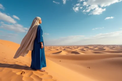 Femme en djellaba indigo contemplant les dunes de l'Erg Chebbi au Maroc, paysage désertique spectaculaire pour Instagram