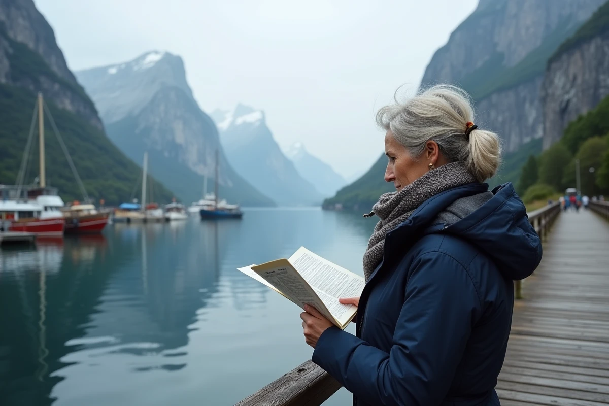 Femme seule regardant le fjord depuis le quai en Norvege