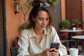 Femme consultant son forfait mobile sur smartphone dans un café marocain en médina