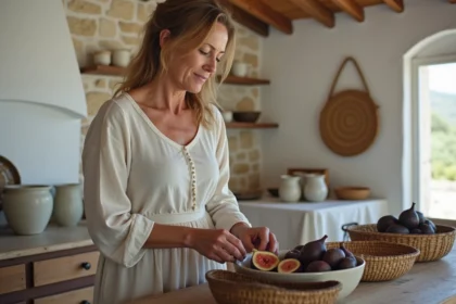 Femme grecque arrangeant des figues fraîches dans une maison traditionnelle