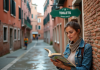 Femme méditant avec guide à Venise près d'un WC