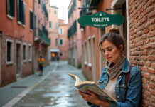 Femme méditant avec guide à Venise près d'un WC