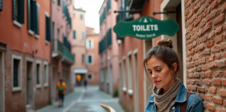 Femme méditant avec guide à Venise près d'un WC