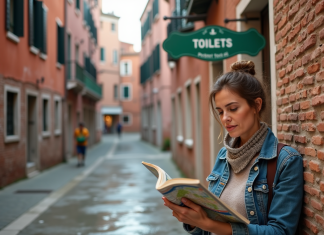 Toilettes à Venise : où les trouver lors de votre séjour en Italie ? Femme méditant avec guide à Venise près d'un WC