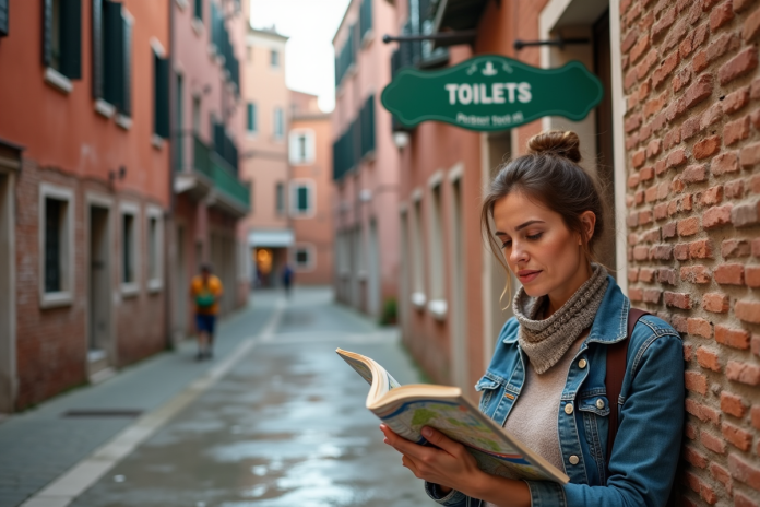 Femme méditant avec guide à Venise près d'un WC