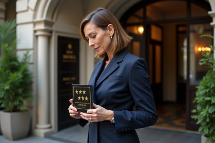 Femme élégante devant un hôtel étoilé en costume marine