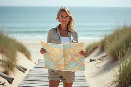 Femme en linen déployant une carte d'ile de Ré en plein air
