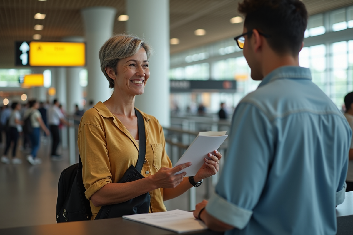 Femme souriante présentant ses documents à l
