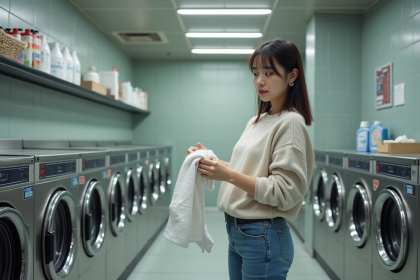 Jeune femme asiatique plie du linge dans un lave-linge moderne