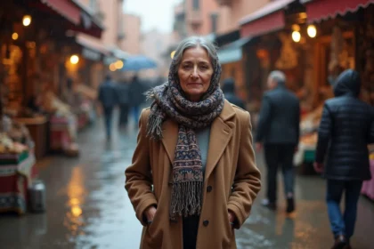 Femme marocaine dans un souk de Marrakech par temps pluvieux