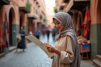 Jeune femme marocaine consulte une carte dans un souk