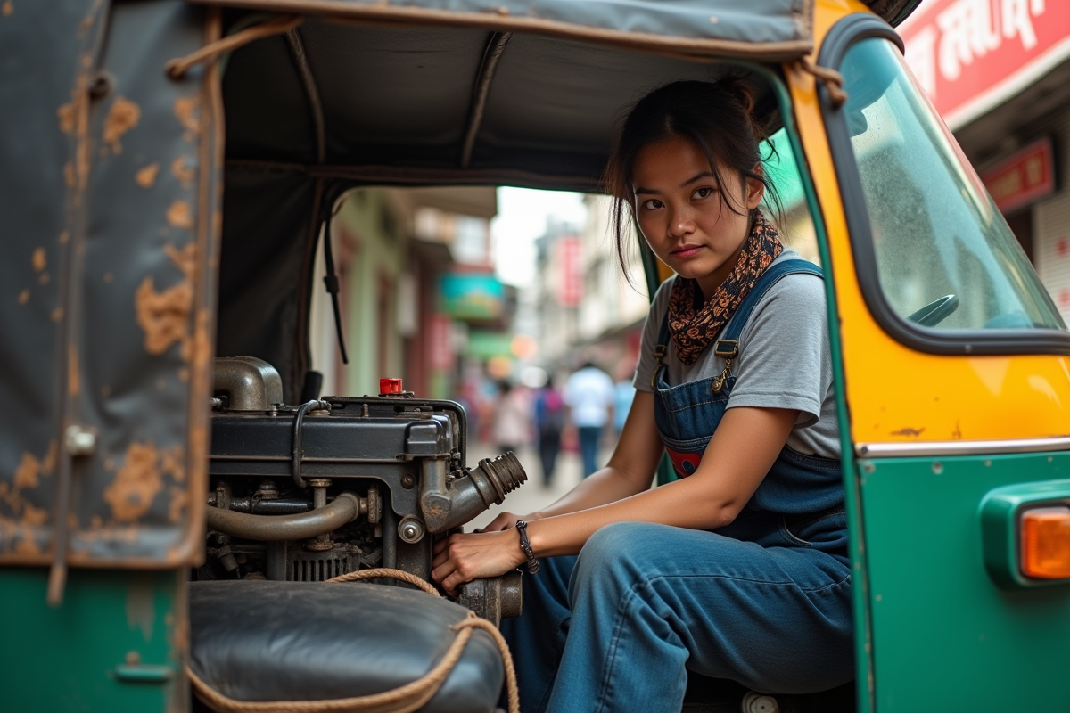 Femme mécanicien inspectant un tuk tuk moderne en ville