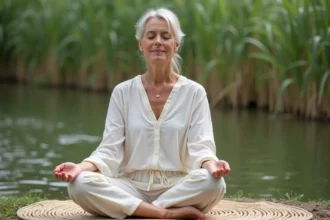 Femme méditant paisiblement au bord de la rivière à Slouk