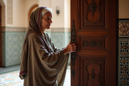 Femme marocaine en djellaba fermant une porte en bois sculpté