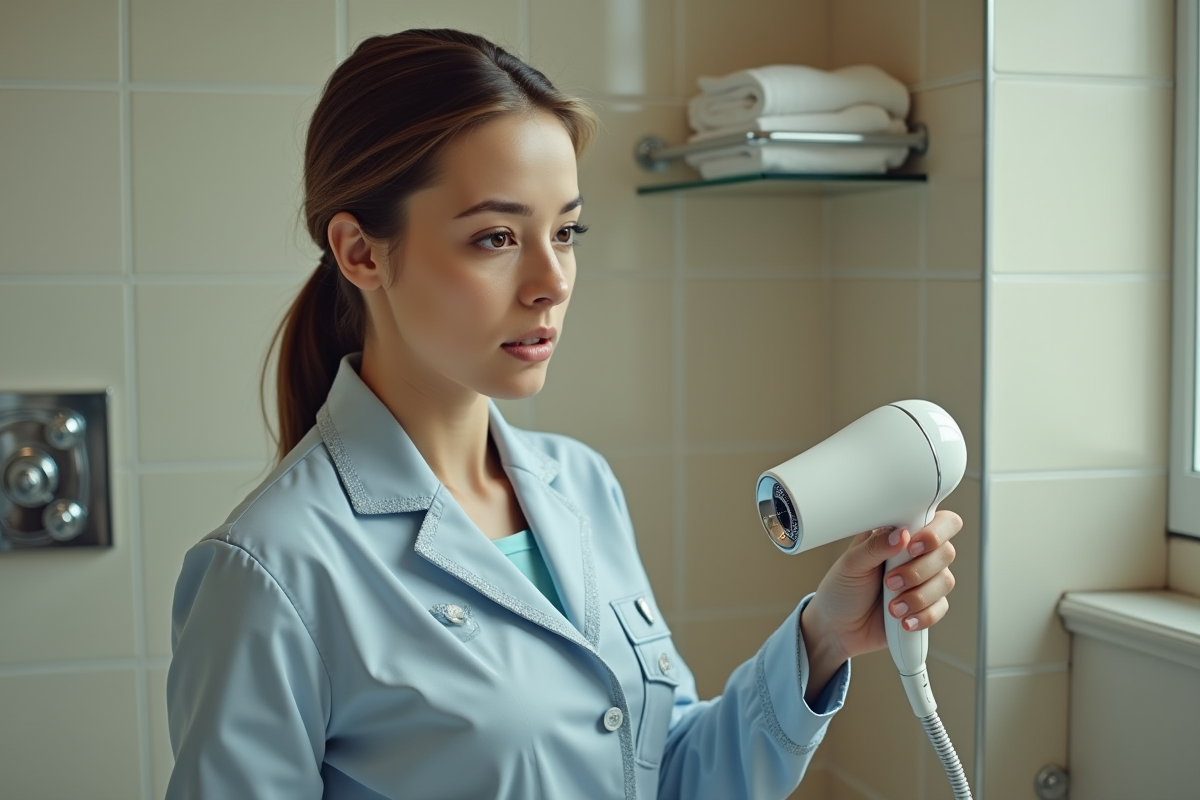 Employe de nettoyage decouvrant un espace vide dans la salle de bain