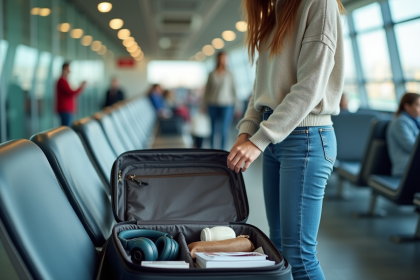 Jeune femme organise sa valise à l'aéroport