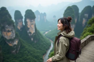 Jeune femme souriante sur le skywalk de Tianmen Mountain