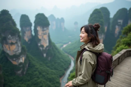 Jeune femme souriante sur le skywalk de Tianmen Mountain