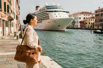 Femme sur le quai de Venise regardant un grand bateau de croisière amarré dans la lagune