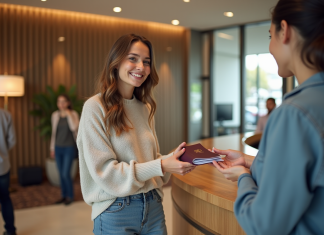 Taxe de séjour booking : qui doit la payer ? Explications et modalités Jeune femme souriante à la réception d'hôtel