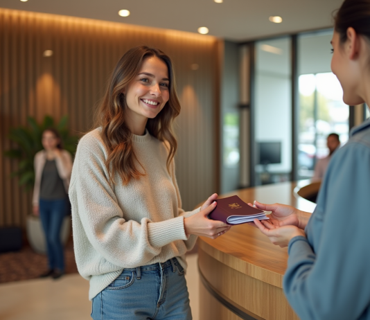 Taxe de séjour booking : qui doit la payer ? Explications et modalités Jeune femme souriante à la réception d'hôtel