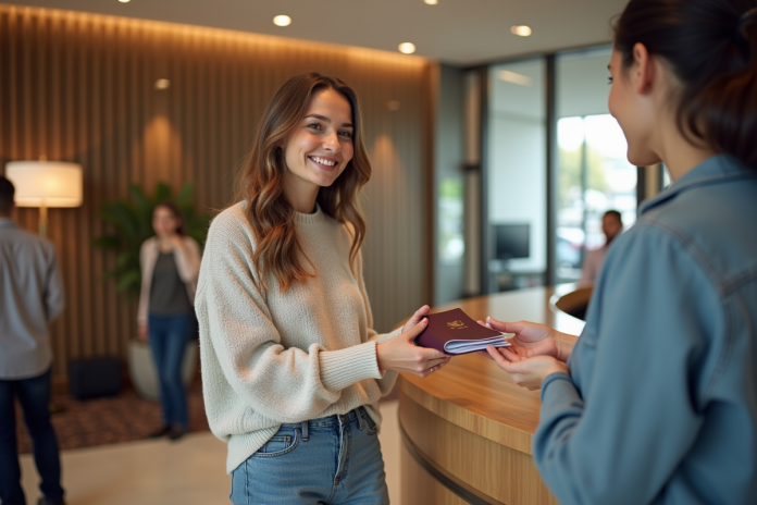 Jeune femme souriante à la réception d'hôtel