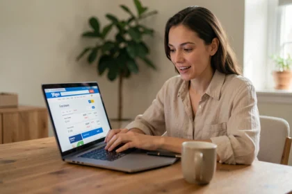 Femme cherchant des vols pas chers sur Google Flights depuis son bureau à domicile