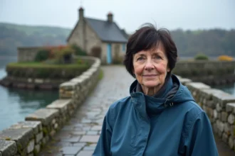 Femme bretonne sur pont en pierre à Saint Cado