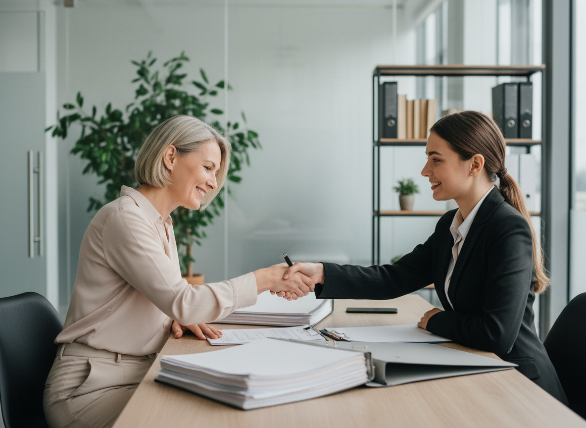 Femme souriante signe un bail avec un gestionnaire immobilier