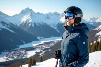 Jeune femme en ski dans les Alpes françaises