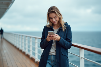 Femme regardant son smartphone sur le pont d'un navire de croisière