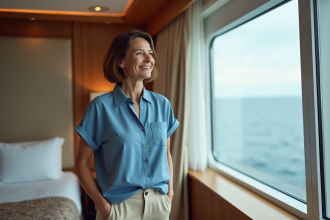 Femme souriante dans une cabine de croisiere luxueuse