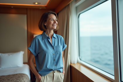 Femme souriante dans une cabine de croisiere luxueuse