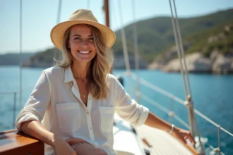 Femme souriante en bateau à Porquerolles avec paysage côtier