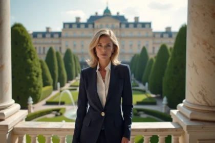 Femme élégante en tailleur navy sur un balcon de luxe