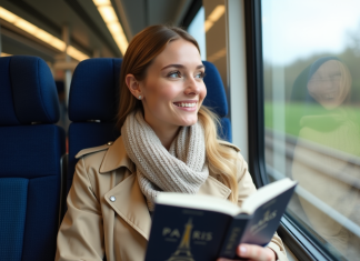 Trajet Londres Paris en Eurail : couverture et informations essentielles Jeune femme dans un train moderne regardant par la fenêtre