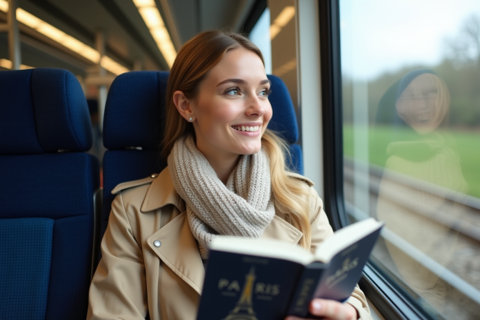 femme-train-paris Jeune femme dans un train moderne regardant par la fenêtre