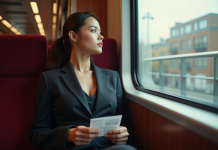 Jeune femme en costume dans un train moderne regardant par la fenêtre
