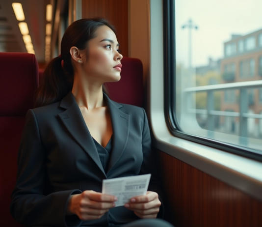 Prix Thalys : Pourquoi est-il si élevé ? Les raisons expliquées Jeune femme en costume dans un train moderne regardant par la fenêtre