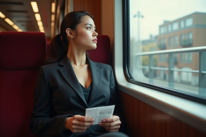 femme-train-reflexion Jeune femme en costume dans un train moderne regardant par la fenêtre