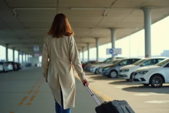 Femme tirant une valise dans le parking longue durée P5 de l'aéroport de Toulouse-Blagnac