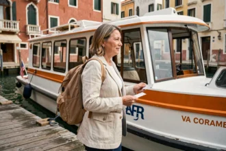 Femme montant à bord d'un Vaporetto à Venise avec son billet à la main sur un quai en bois