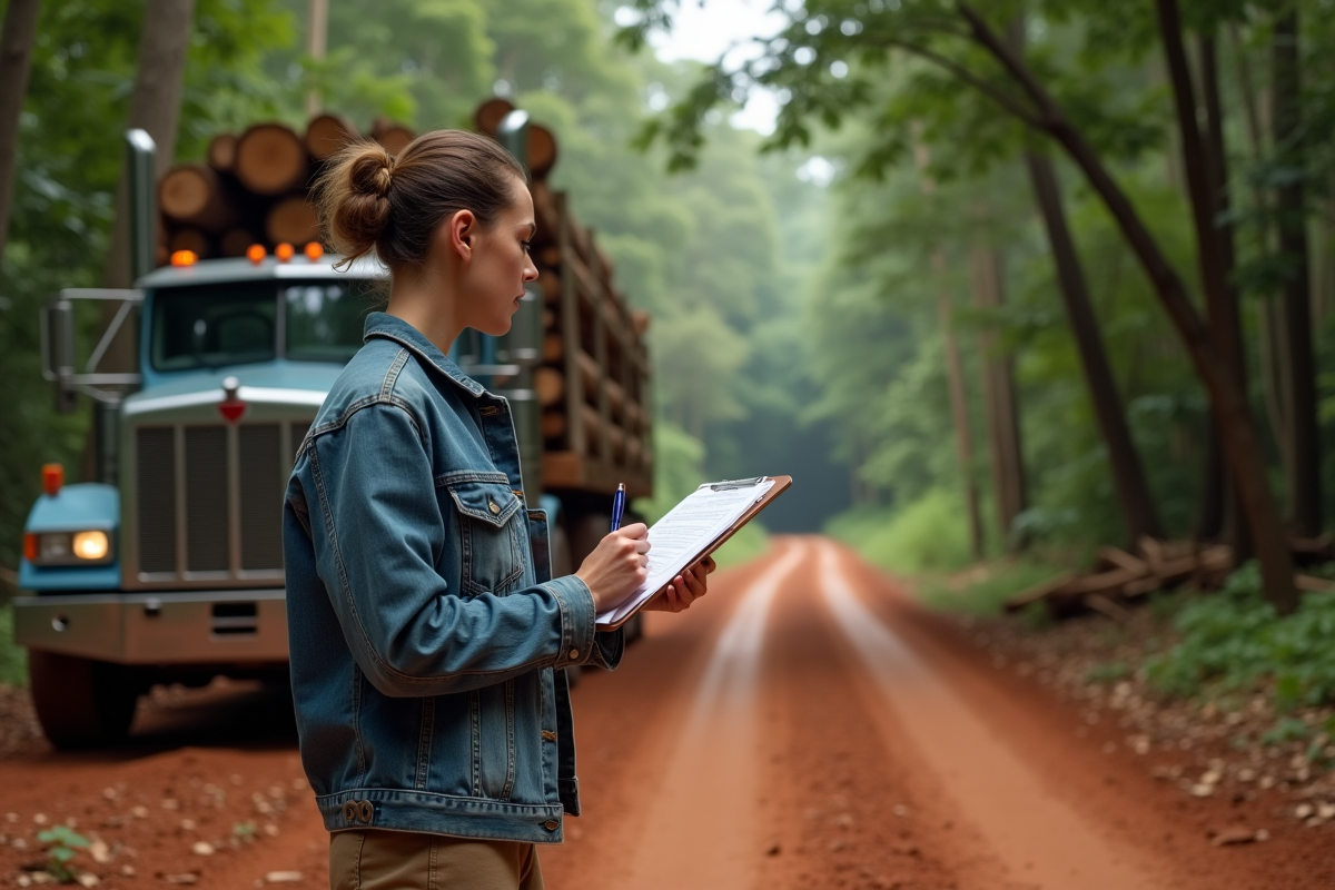 Jeune femme vérifiant un chargement de camion dans la forêt