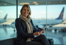 Sécurité sociale à l’étranger : comment être couvert efficacement ? Femme souriante avec passeport en voyage en aéroport