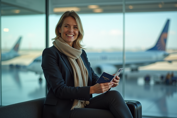 femme-voyagee-passeport Femme souriante avec passeport en voyage en aéroport