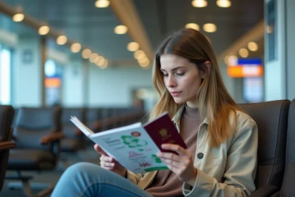 Jeune femme avec passeport dans un lounge aéroport