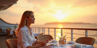 Femme élégante en short en jean et blouse blanche sur terrasse de croisière